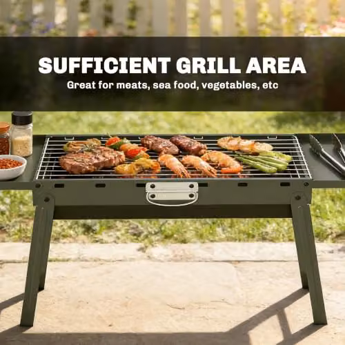 Outsunny Portable Foldable Charcoal BBQ Grill in Green with Stainless Steel Tabletop – 5