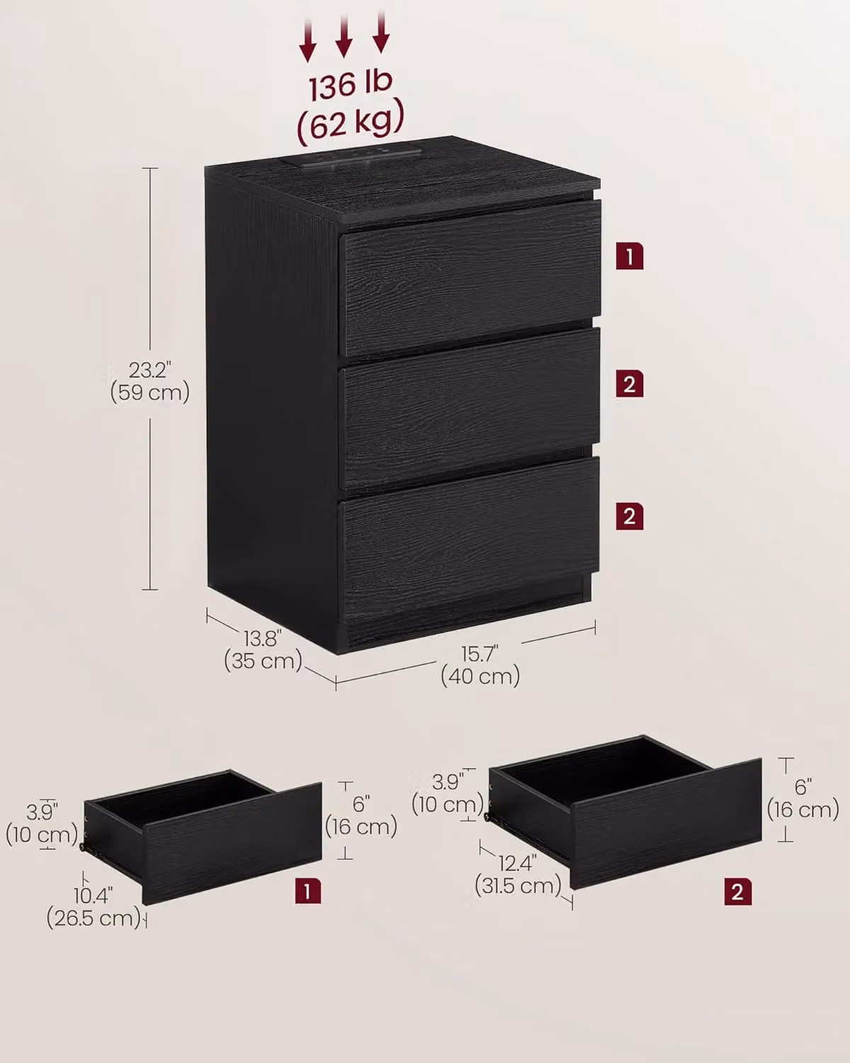 VASAGLE Set of 2 Modern Black Bedside Tables with USB Outlets and Drawers – 2