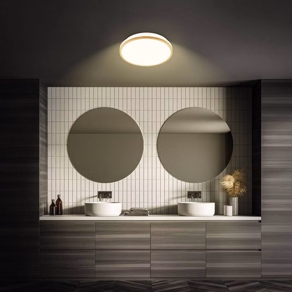 Briloner LED Bathroom Ceiling Light with Wood Frame, Warm White, 12W, 1200lm, IP44, W/D/H: 28 x 28 x 7 cm, White-Wood – 5