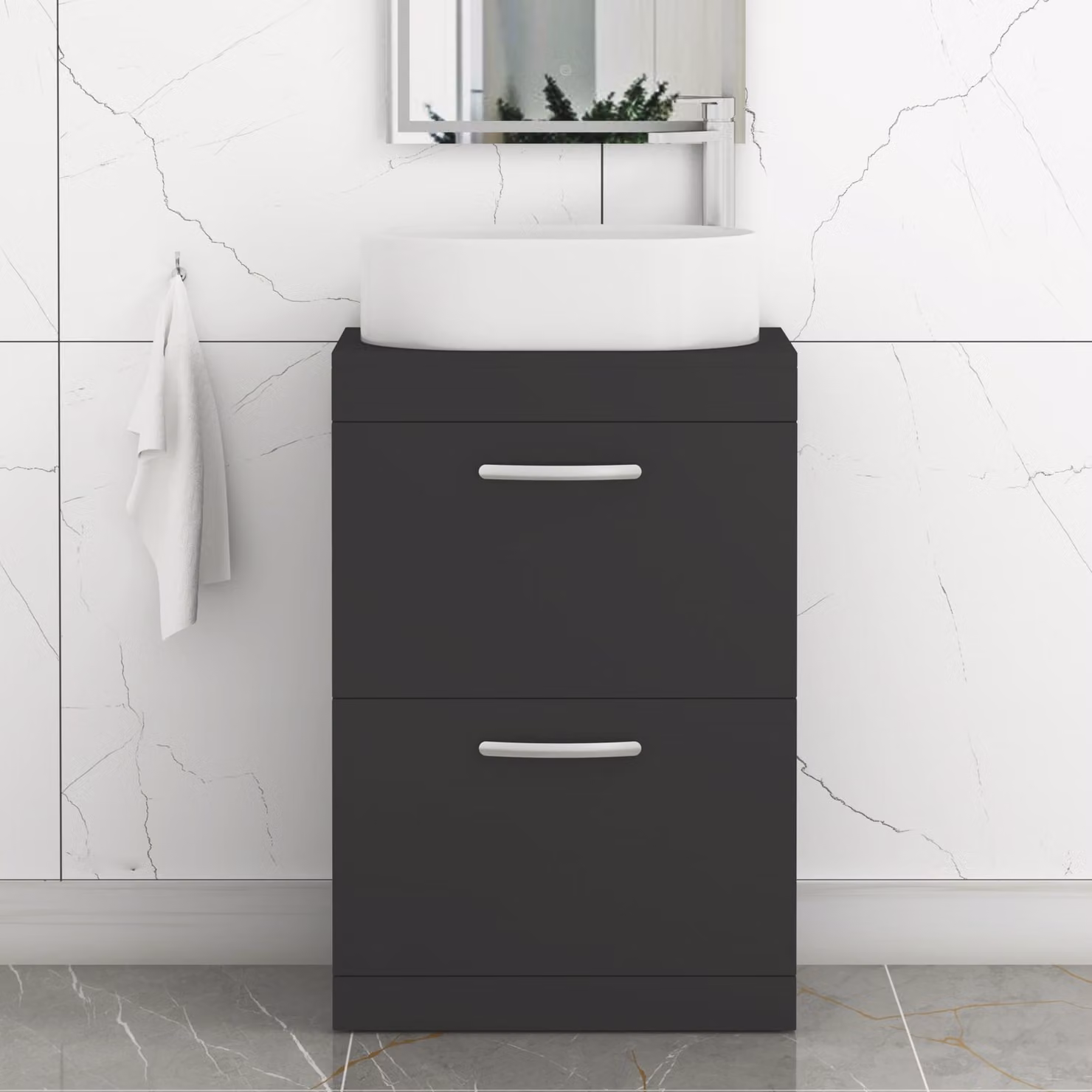 Royal Bathrooms Turin 600mm Floor Standing 2 Drawer Vanity Unit with Peak Countertop Basin in Matt Black