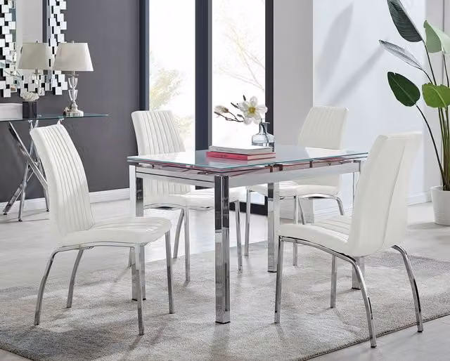 Furniturebox Enna White Glossy Glass Extending Rectangular Dining Table and 4 Isco Chairs Set