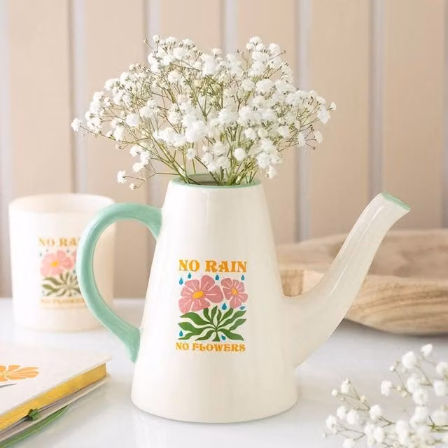 Uniqueful No Rain, No Flowers Ceramic Watering Can Vase in White and Multicolour, 600ml