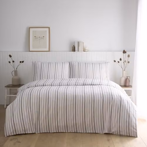 Portfolio Home Ombre Pencil Stripe Geometric Duvet Cover and Pillowcase Set in Natural Beige, Super King