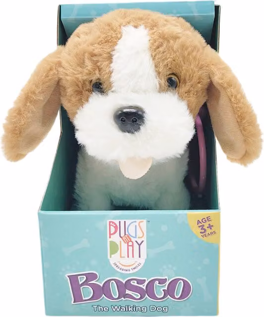 Pugs at Play Bosco Interactive Plush Walking Dog Pull Along Toy with Hand Control Lead in Brown