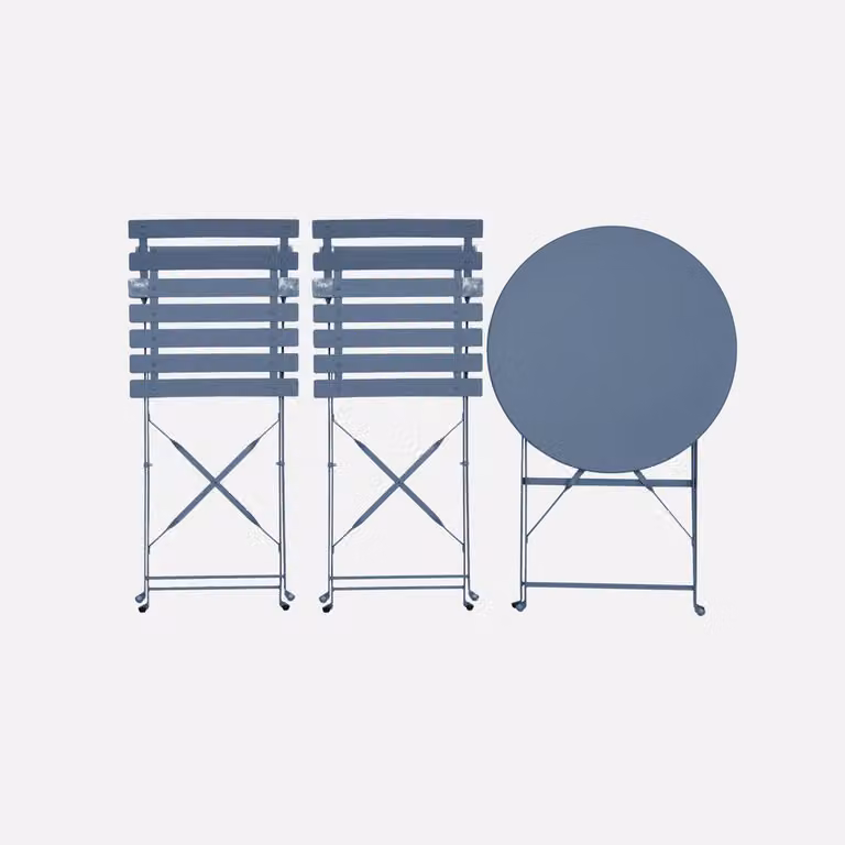 sweeek Round Folding Metal Bistro Garden Table and 2 Chairs Set in Pale Blue