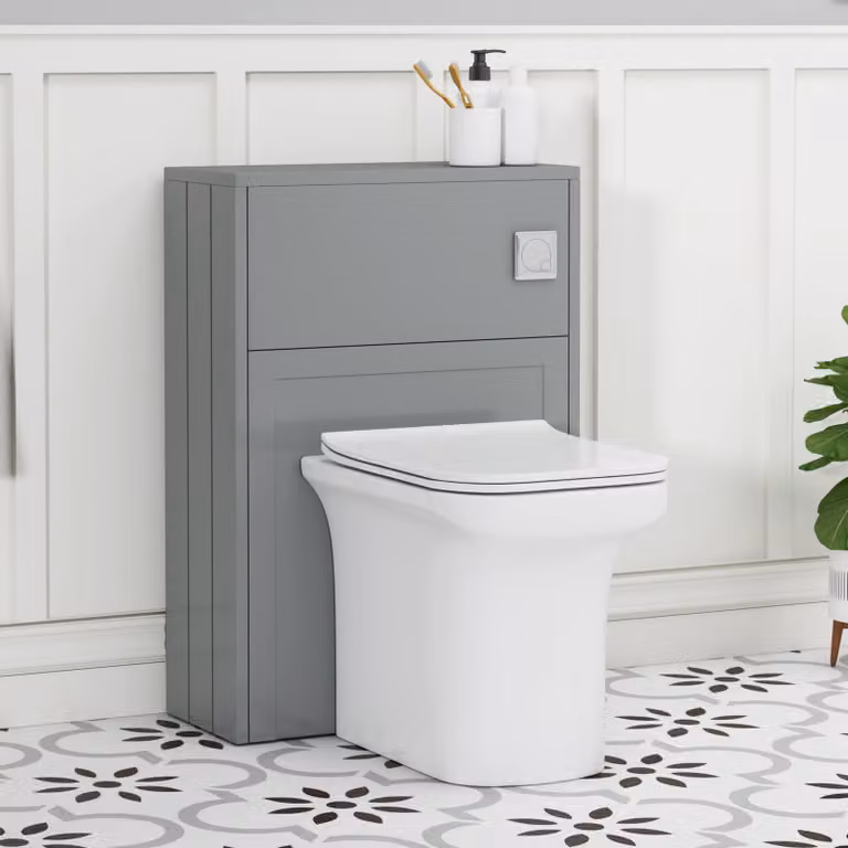 Royal Bathrooms Elmore Wall Mounted Matt Pebble Grey WC Unit with Crosby Rimless Ceramic Toilet Pan, Seat and Cistern, Width: 55 cm