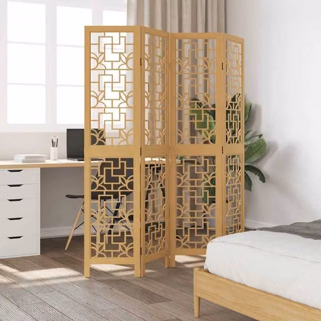Berkfield Home 4-Panel Geometric Room Divider in Brown and Beige Solid Paulownia Wood, H 180 cm x H 145 cm