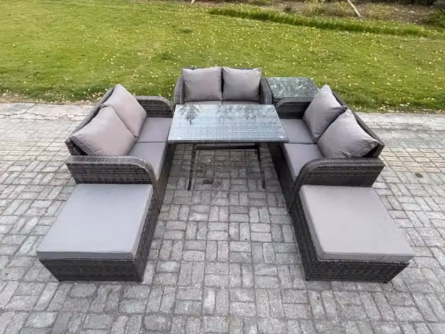 Fimous 8 Seater Outdoor Rattan Garden Furniture Set in Dark Grey with Rectangular Dining Table, 2 Footstools and Side Table