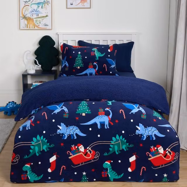 OHS Reversible Christmas Dino Sherpa Fleece Duvet Set in Blue