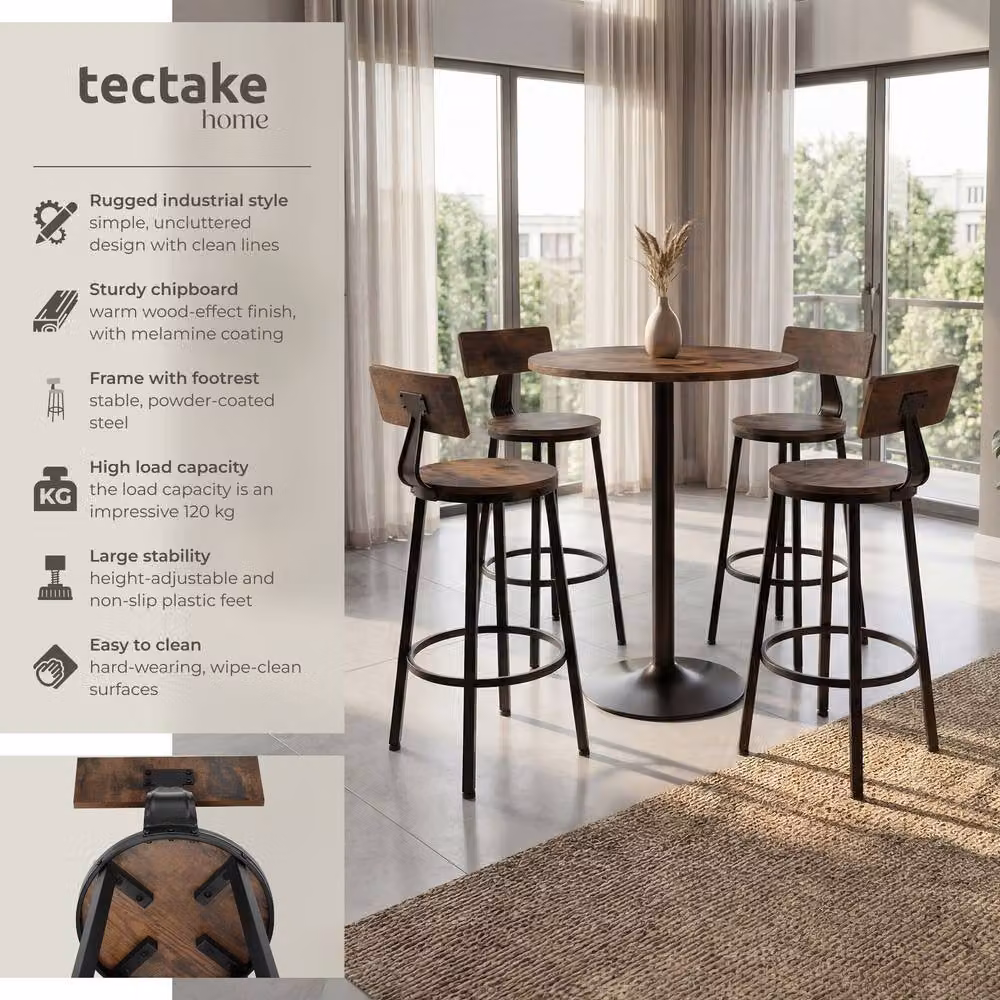 tectake Poole Industrial Set of 4 Bar Stools in Brown Wood and Metal – 2