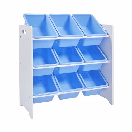Liberty House Toys Two Tone Toddler Bed and 9 Bin Storage Unit Set in White and Blue, Solid Wood Children's Bedroom Furniture Set – 2