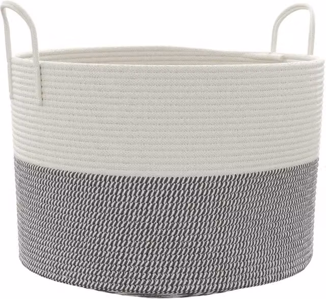 Berkfield Cotton Open Weave Storage Basket in Grey and White, W: 51 cm, D: 33 cm – 1