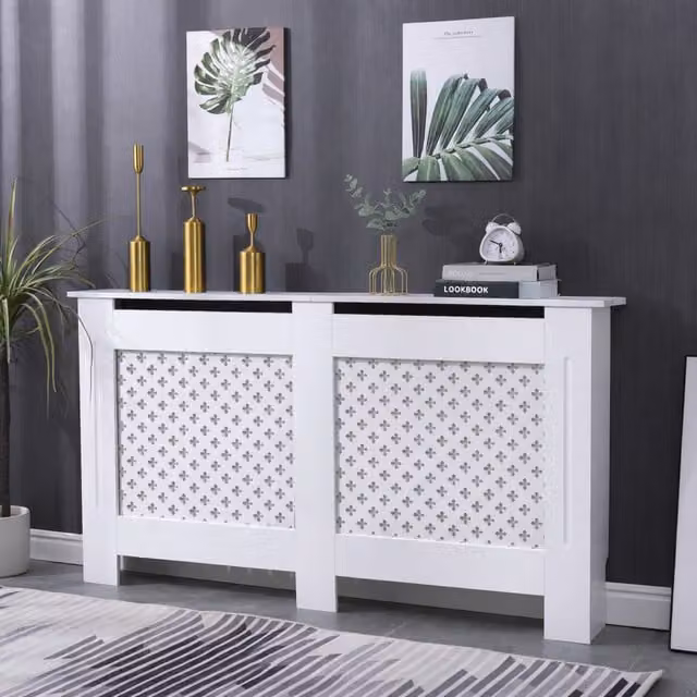Home Treats White Lacquered MDF Radiator Cover with Geometric Air Vents, Width: 172 cm