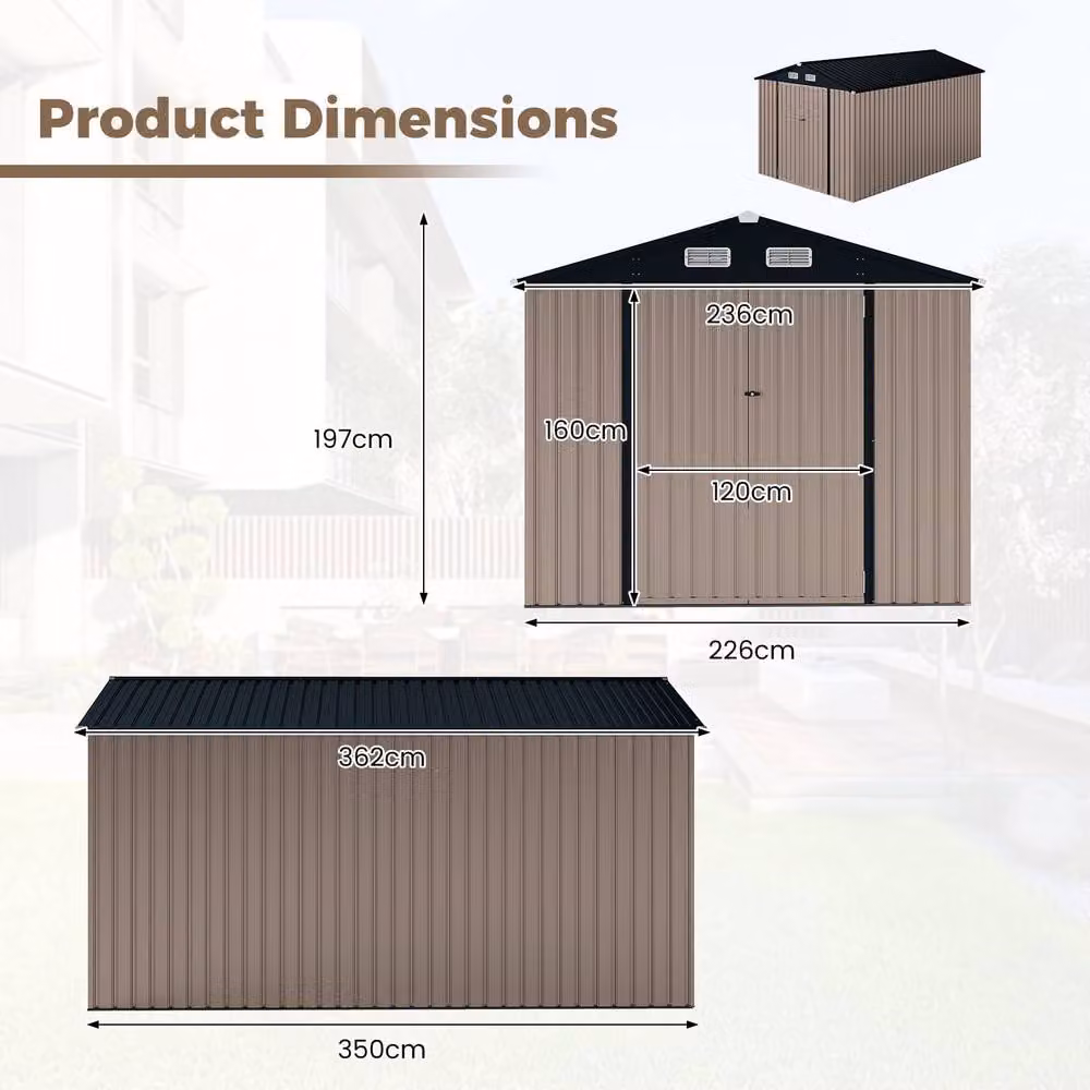 Costway Grey Galvanised Steel Outdoor Storage Shed with Pent Roof and Double Doors, W/D/H: 226 x 197 x 236 cm – 2