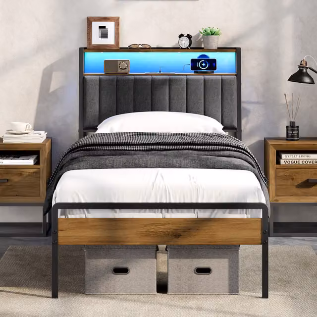 Yaheetech Single Upholstered Bed Frame with USB Charging, Under-Bed LED Lighting and Side Storage Compartments in Brown and Grey