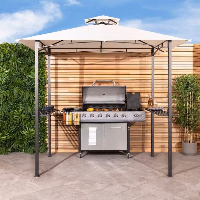 Charles Bentley Steel Grill Gazebo Outdoor Tent Shelter in Beige and Grey, W: 240 cm, D: 150 cm, H: 240 cm