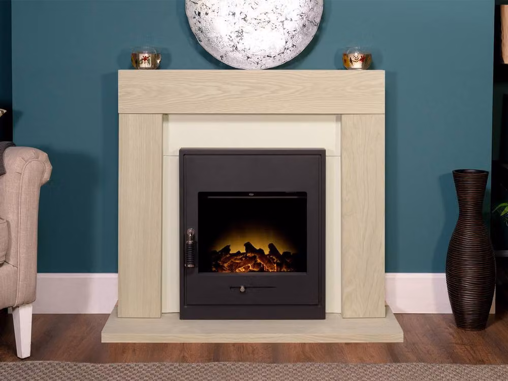 Adam Fires & Fireplaces Malmo Fireplace in Oak and Cream with Oslo Electric Inset Stove in Black – 2