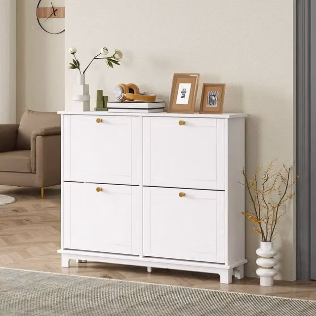 EONLION White and Gold Modern Storage Cabinet with 4 Tilting Compartments, Width: 100 cm