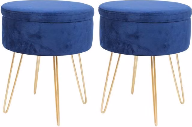 Harbour Housewares Pack of 2 Round Velvet Storage Footstools in Blue with Gold Legs, H45 x D36 cm – 1