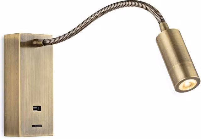 Netlighting Clifton LED Flexi Wall Reading Light with USB in Antique Brass Gold