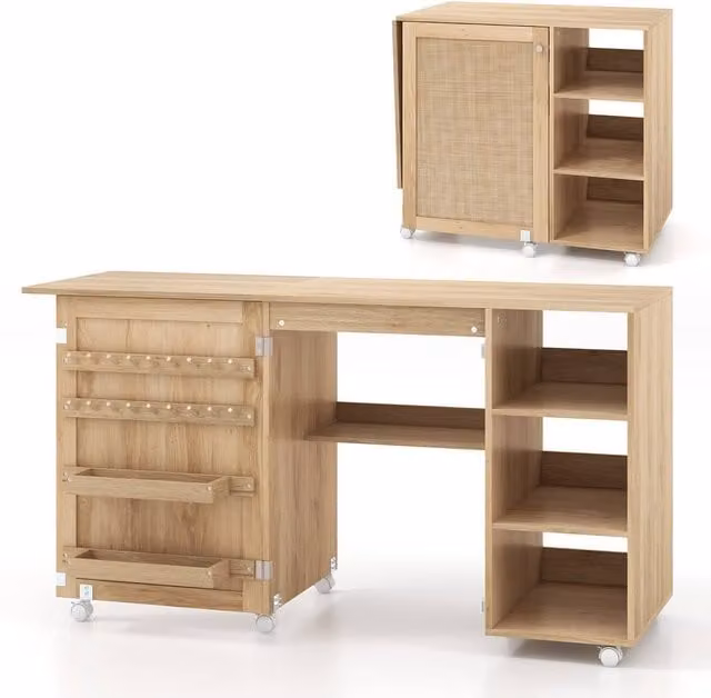 Costway Folding Sewing Table and Craft Station with 18 Pegs and 2 Bins in Natural Wood Finish