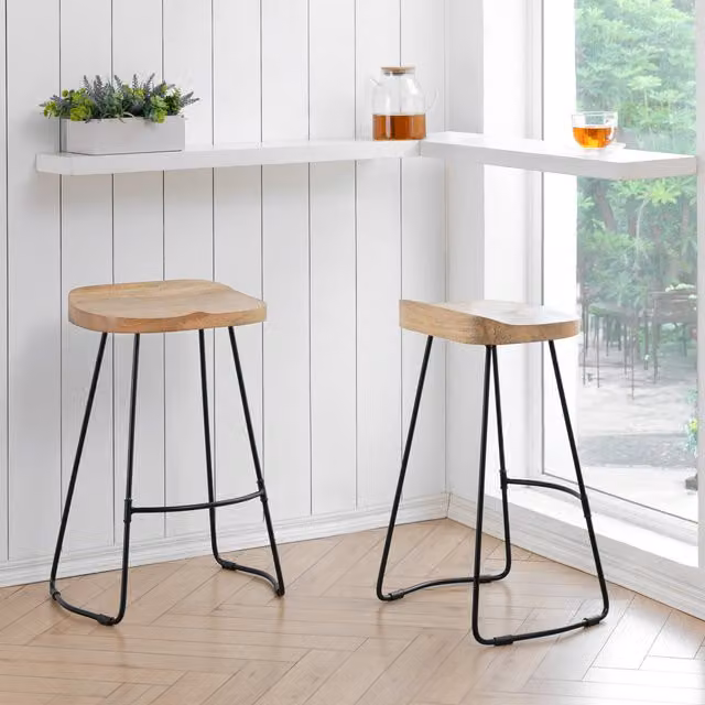 MH London Lara Saddle Bar Stools in Natural Mango Wood and Metal, Brown, H 68.5 x W 35.5 x D 35.5 cm