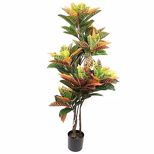 Leaf Artificial Codiaeum Multicoloured House Plant in Black Pot, H 140 cm x W 70 cm x D 70 cm – 1