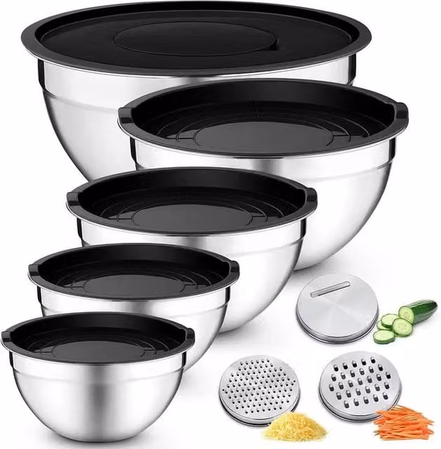 NESTLUNE Set of 5 Silver Stainless Steel Round Nesting Mixing Bowls