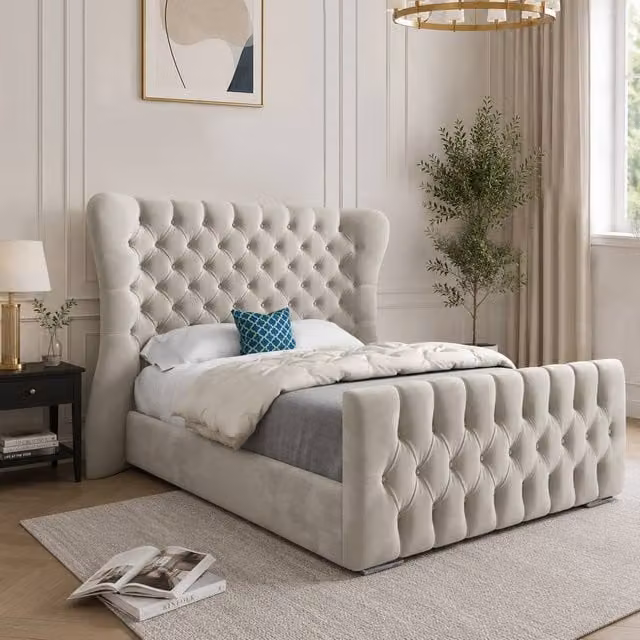 Casani Rendlesham Upholstered Velvet Designer Bed Frame in Beige, W/D/H: 137 x 120 x 83 cm