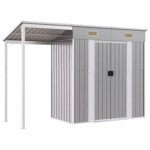 vidaXL Steel Garden Shed with Extended Roof in Light Grey, W: 277 cm, D: 107 cm, H: 181 cm – 1