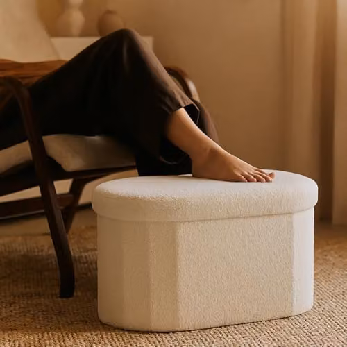 Jack Stonehouse JSH Teddy Boucle Storage Ottoman in White, Large Oval Foldable Pouffe and Foot Rest – 5