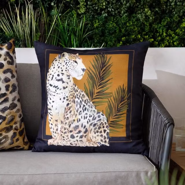 Paoletti Leopardis Cat Printed Outdoor Cushion in Black and Gold, W/D/H: 50 x 50 x 50 cm – 1
