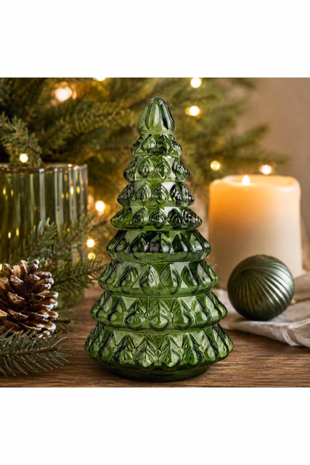 Candlelight Green Glass Christmas Tree Tabletop Candle with Fresh Pine Scent – 3