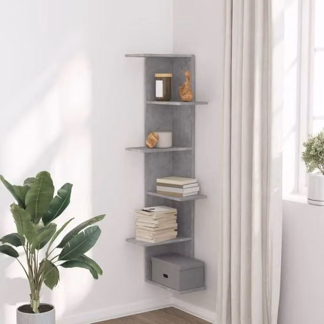 Berkfield Home Wall Mounted Corner Shelf in Concrete Grey, W/D/H: 36.5 x 36.5 x 140 cm – 1