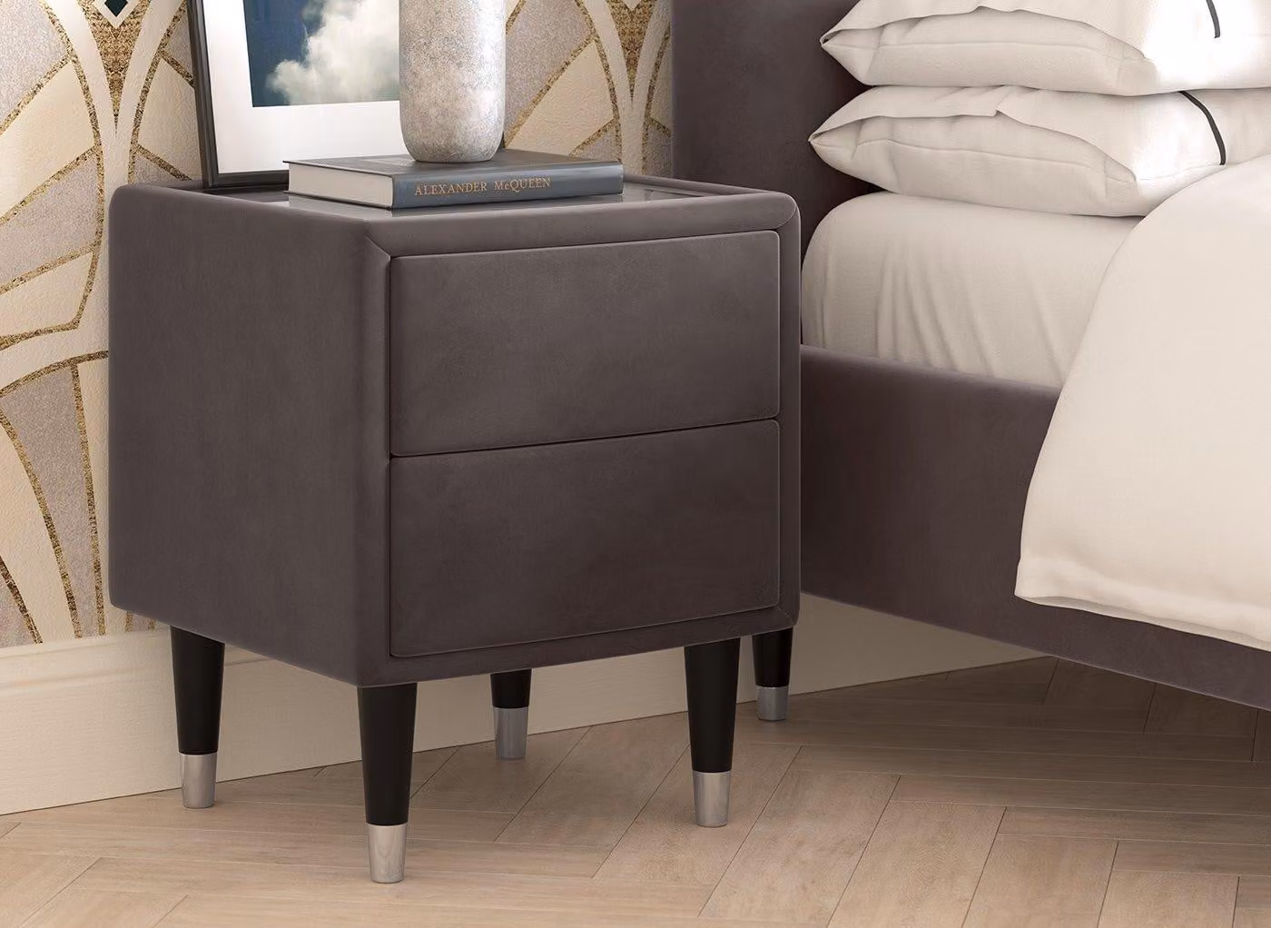 Dreams Batten Velvet-Finish Bedside Table in Grey, Silver, Blue or Gold