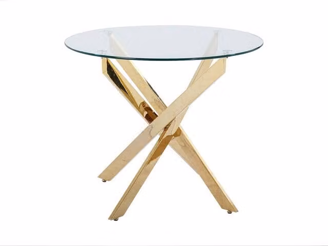 COSIMA Round Glass Dining Table with Gold Metal Base, Transparent, Diameter: 90 cm, Height: 77 cm – 1