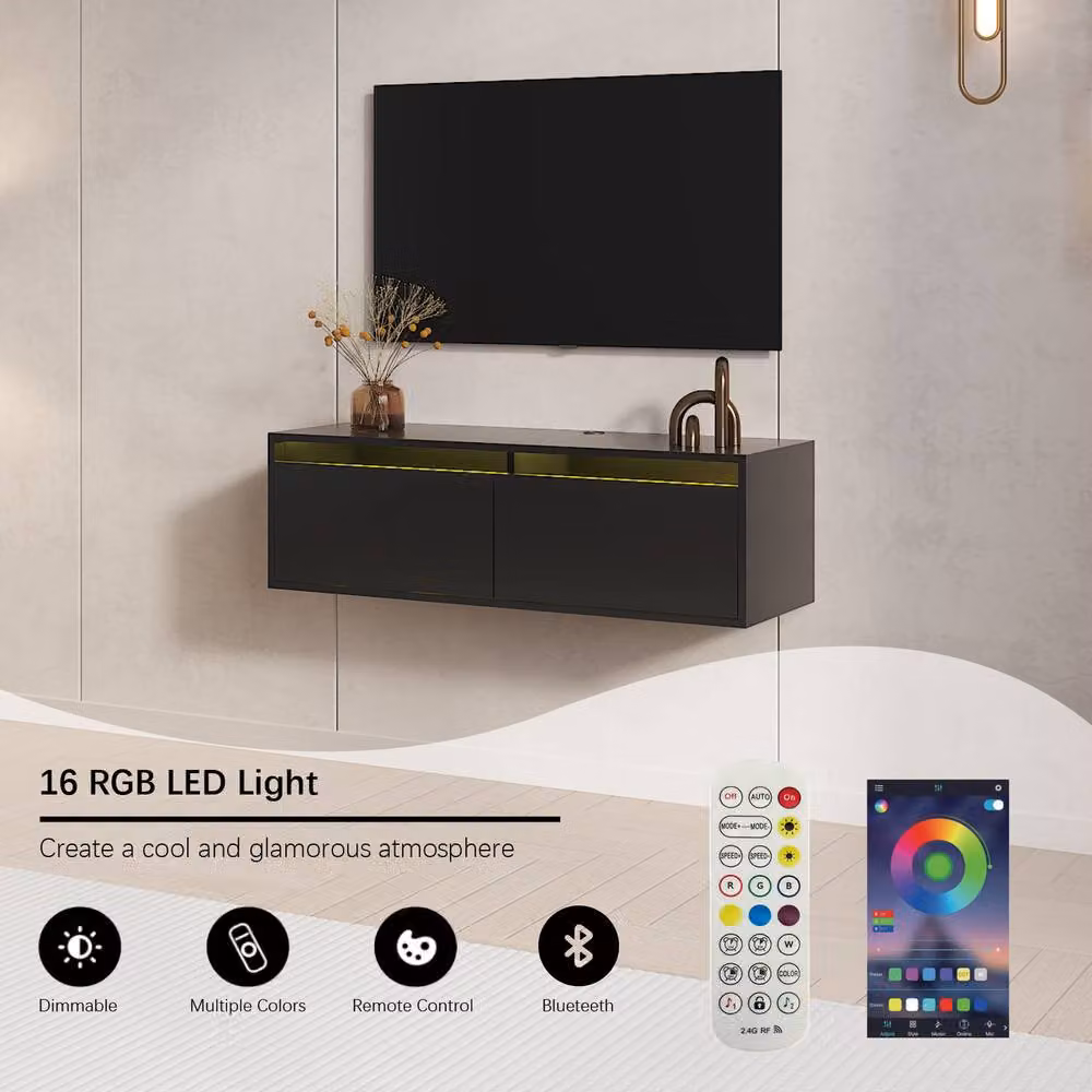 KEEPREAPER Floating TV Stand for 32-50 inch TVs with 2 Flip-Down Doors and LED Lighting in Black – 3