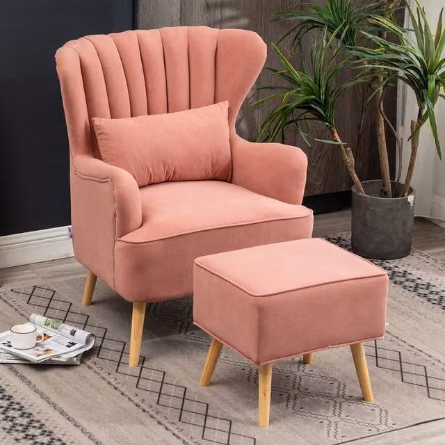 Livingandhome Curved Back Fabric Armchair with Integrated Ottoman in Pink
