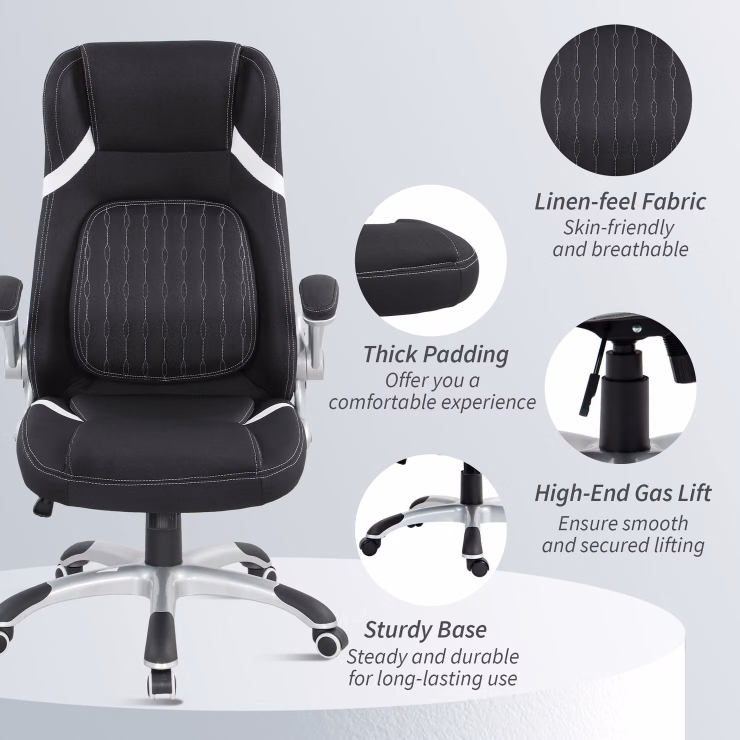Vinsetto Black Linen-Look Task Chair with Adjustable Height, Swivel and Armrests – 5