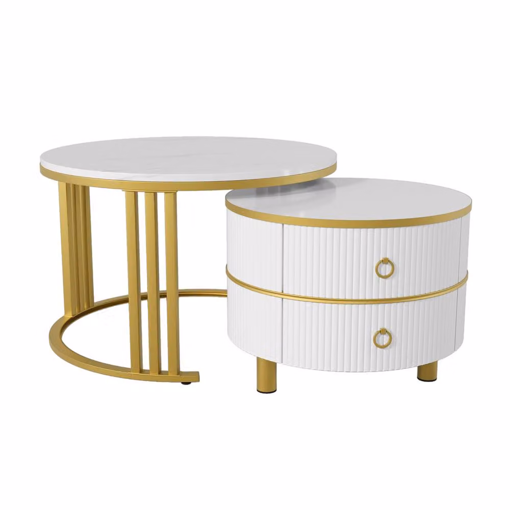 BTM 2-in-1 Round Modern Coffee Table with Marble Top and 2 Drawers, White – 2