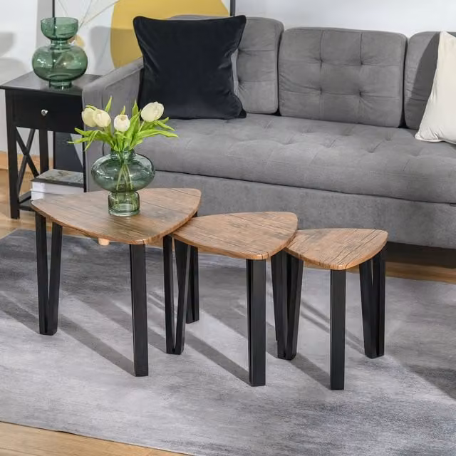 HOMCOM 3 Piece Nesting Coffee Table Set with MDF and Metal Construction in Black and Brown – 1