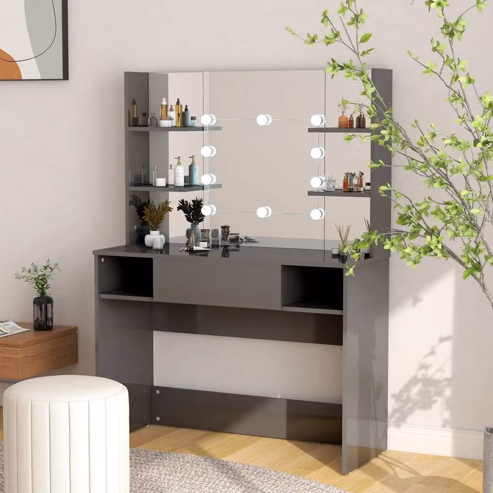 Berkfield Home Modern Makeup Table with Hollywood LED Lights in Glossy Grey, W/D/H: 100 x 40 x 135 cm – 2