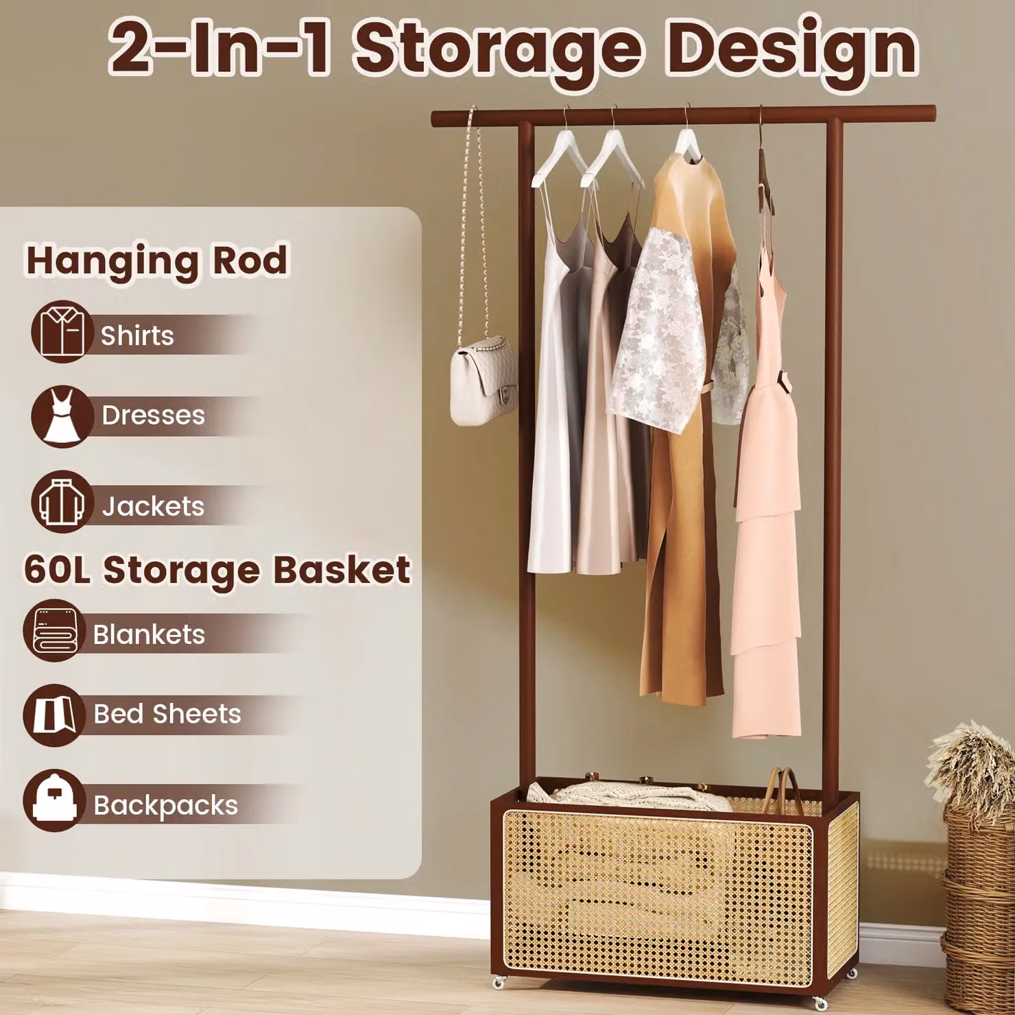 Costway Bamboo Clothes Rack and Coat Hanger Stand with Rattan Storage Basket in Brown – 3