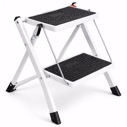 Oypla 2 Step Folding Steel Stepladder in White with Non-Slip Rubber Feet – 1