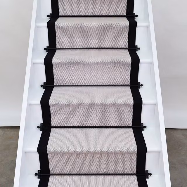 RainbowHome Chelsea Herringbone Wool Stair Runner with Black Cotton Border in Cream, W: 55 cm, L: 700 cm – 1
