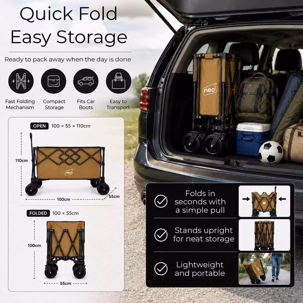 Neo XL Heavy Duty Folding Wagon Cart with Adjustable Handle, 300L Capacity, Khaki – 6