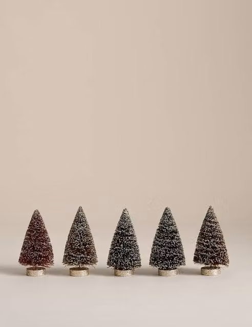 M&S Set of 5 Mini Bristle Christmas Tree Decorations in Brown Mix
