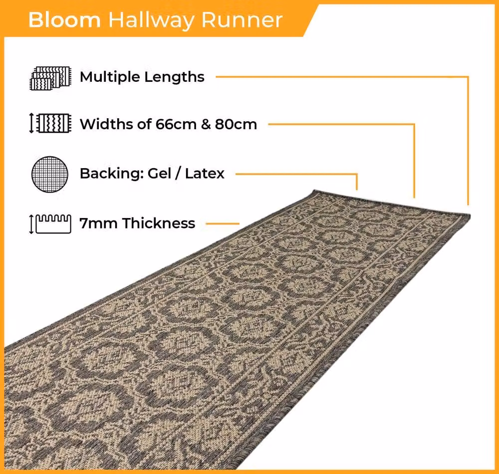 runrug Bloom Floral Hallway Carpet Runner Rug in Brown, W: 66 cm, L: 240 cm – 2