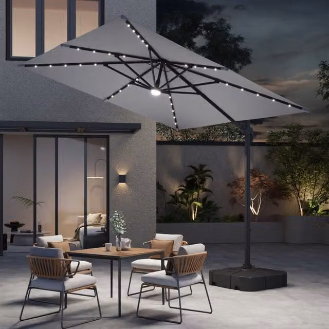 Breeins 3m LED Cantilever Parasol with Dual-Stability Base in Light Grey