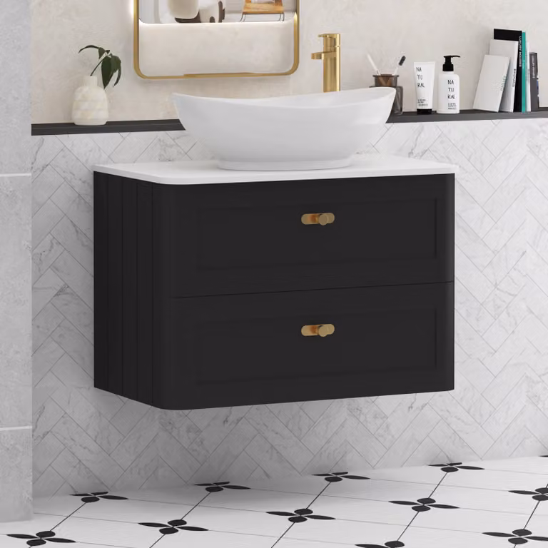 Royal Bathrooms Henley 800mm Matt Nocturne Black Wall Hung 2 Drawer Vanity Unit with Plain White Worktop, Amaze Basin and Brushed Brass Knob